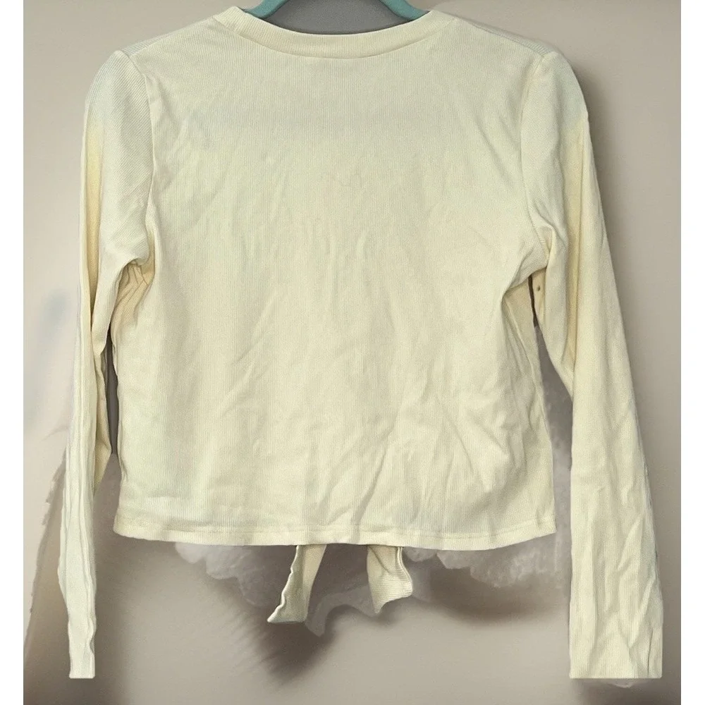 AliPicks Girls  Ivory Ribbed Knit Cotton Tie Front Long Sleeve T-Shirt Size‎ L